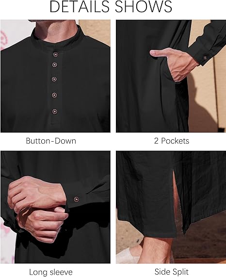 Muslim Thobe for Men Button down Mens Caftans Big and Tall Mens Arab Thobe with Pocket