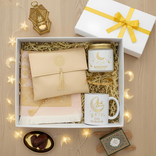Frienda 6 Pcs Islamic Ramadan Eid Gifts Muslim Prayer Rug with Tasbih Eid Mubarak Mug Ramadan Scented Candles Allah Gold Bangles Bracelets Islamic Gift Box for Muslim Men and Women