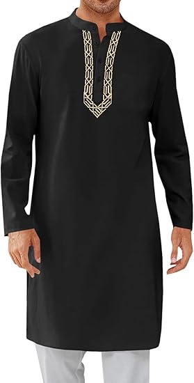 Mens Kaftan Thobe Button Down Casual Henley Shirts Long Sleeve Robe Cotton Linen Muslim Gown Shirt