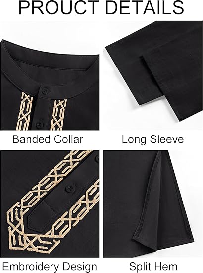 Mens Kaftan Thobe Button Down Casual Henley Shirts Long Sleeve Robe Cotton Linen Muslim Gown Shirt