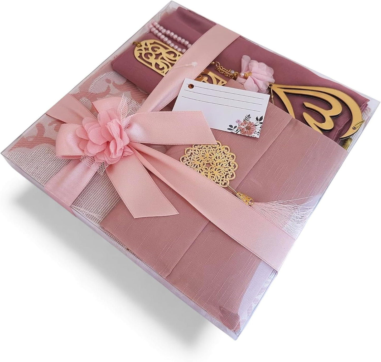 Muslim Prayer Rug, 7 in One Gift Set, Prayer Mat Surah Book, Tasbeeh, Scarf, Surah Case, Bookmark, Car Mirror Hanger, Prayer Beads,Islamic Gift for Umrah, Hajj, Wedding, Janamaz (Rose)