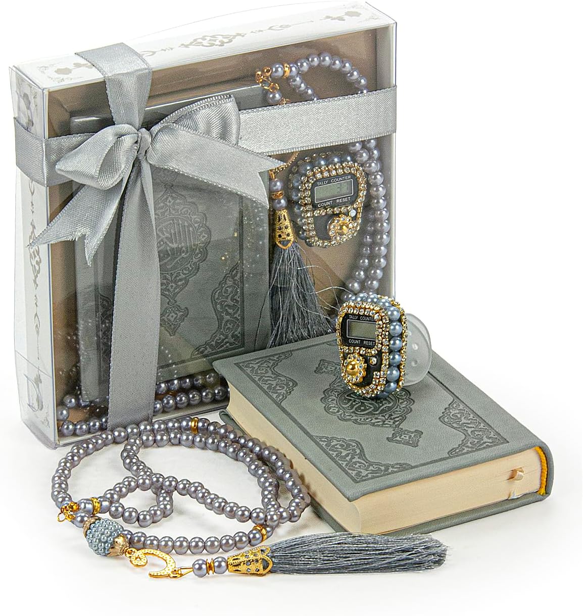 Online Medina Calligraphy Quran Set with Islamic Finger Counter, Portable Digital Prayer Tasbeeh, Pearl Zikirmatic Beads, 3 Pieces Gift for Ramadan & Eid & Mawlid
