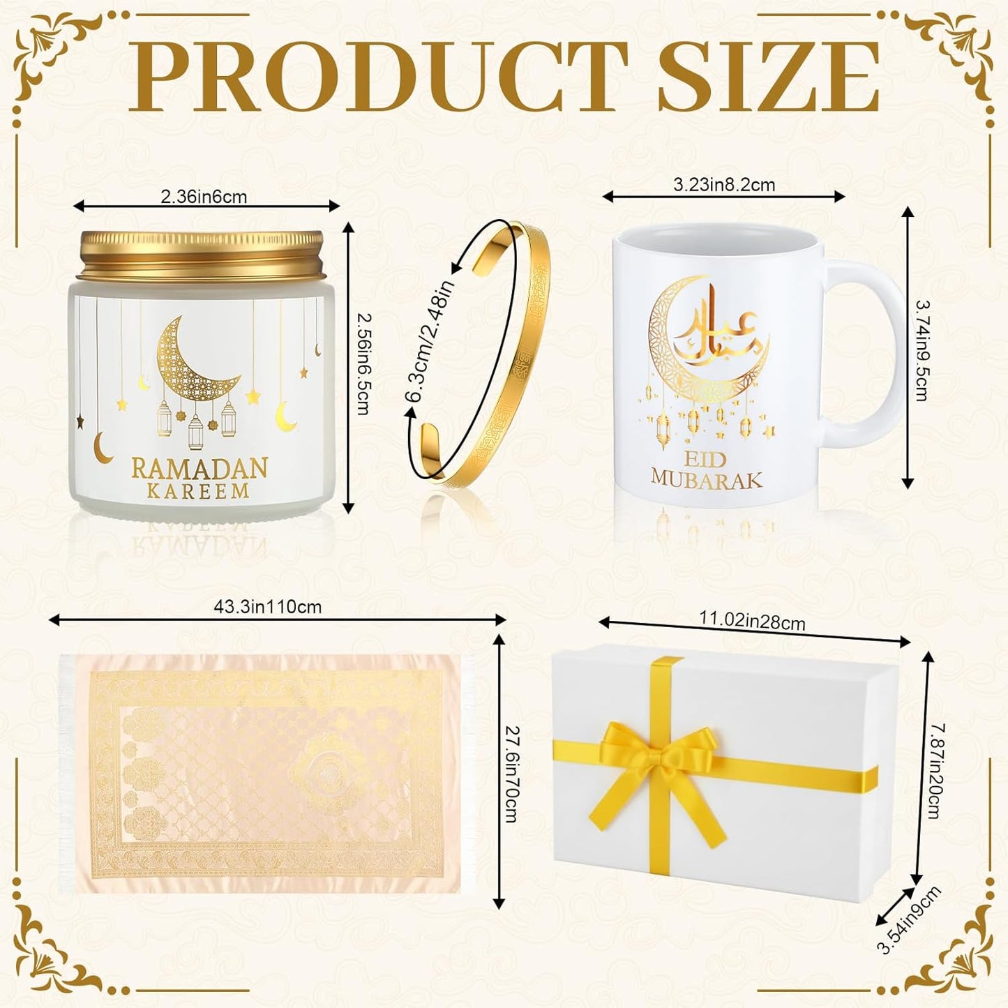 Frienda 6 Pcs Islamic Ramadan Eid Gifts Muslim Prayer Rug with Tasbih Eid Mubarak Mug Ramadan Scented Candles Allah Gold Bangles Bracelets Islamic Gift Box for Muslim Men and Women
