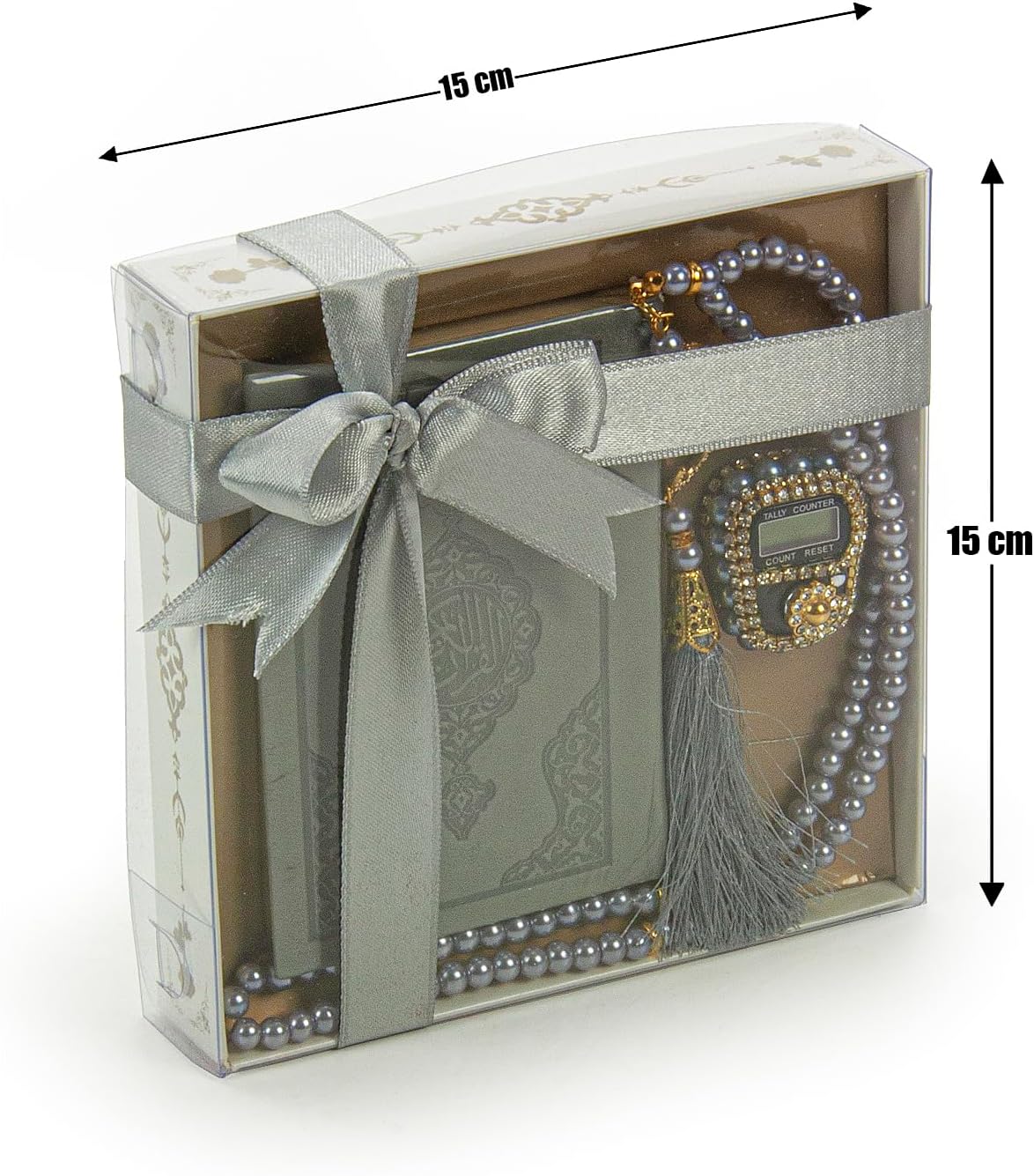 Online Medina Calligraphy Quran Set with Islamic Finger Counter, Portable Digital Prayer Tasbeeh, Pearl Zikirmatic Beads, 3 Pieces Gift for Ramadan & Eid & Mawlid