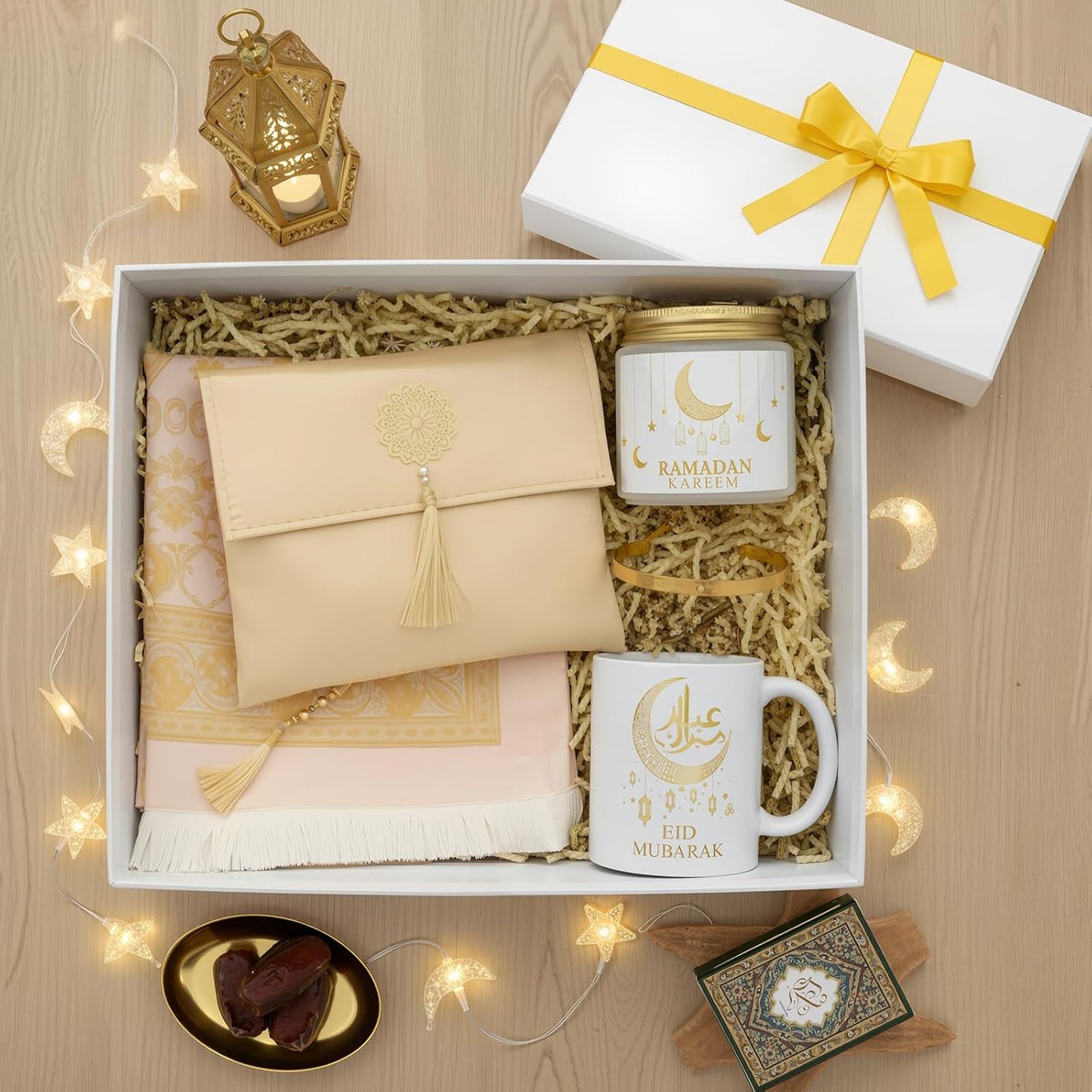 Frienda 6 Pcs Islamic Ramadan Eid Gifts Muslim Prayer Rug with Tasbih Eid Mubarak Mug Ramadan Scented Candles Allah Gold Bangles Bracelets Islamic Gift Box for Muslim Men and Women