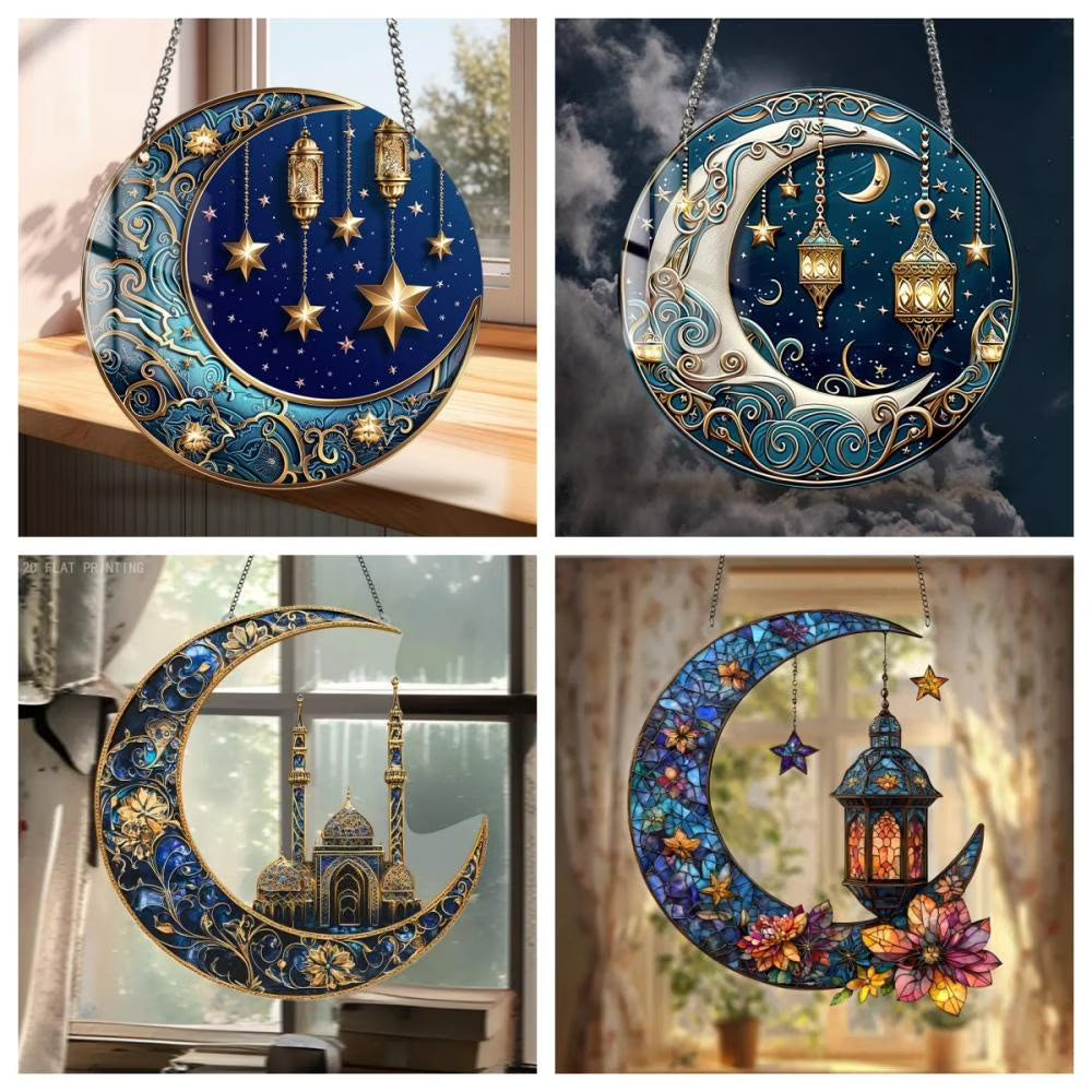 Ramadan Mubarak Party Moon Star Ornaments Eid Al-Adha Hanging Round Pendant Festival Islamic Muslim Home Window Party Decoration