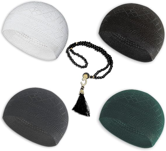 Kufi Hats for Men - Prayer Cap, Handicraft Taqiyah, Muslim Tasbih 99 Beads, Prayer Beads