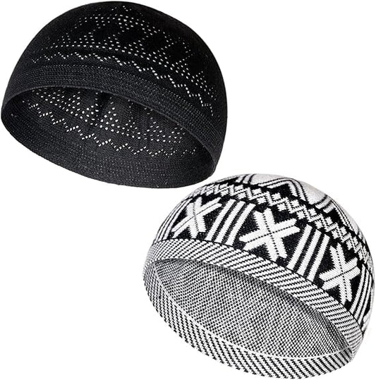 Generic Muslim Hats - Keffiyeh Kufi Hats for Men’s Common use and Islamic Gifts | Skull Cap |Muslim Clothes - Islamic Clothing for Men| 2pcs, 2 Designs, 2 Colors, Black; White & Black