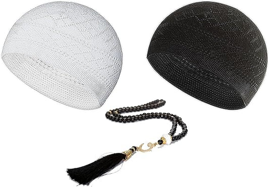 Kufi Hats for Men - Prayer Cap, Handicraft Taqiyah, Muslim Tasbih 99 Beads, Prayer Beads