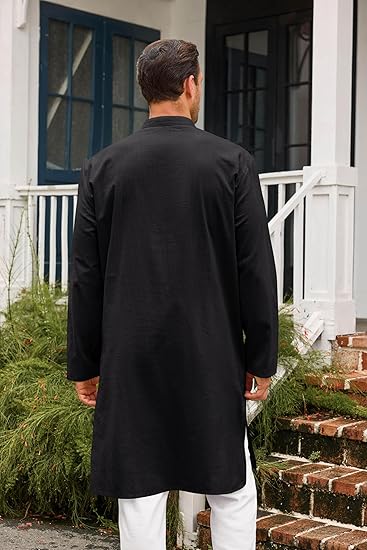 Mens Kaftan Thobe Button Down Casual Henley Shirts Long Sleeve Robe Cotton Linen Muslim Gown Shirt