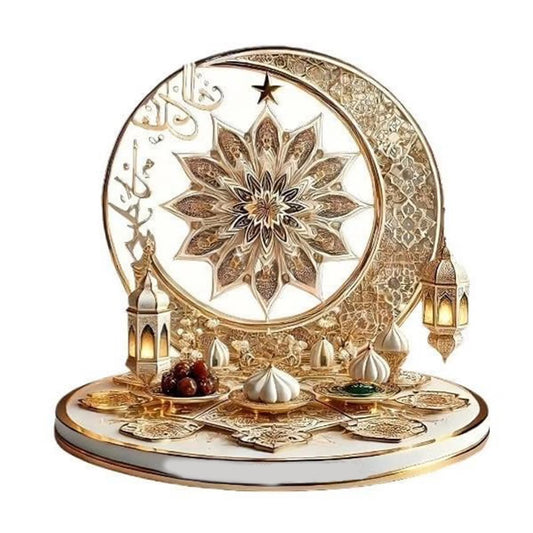 Islamic Elegant Crescent Moon & Lantern Desktop Ornament, 2D Moon Crescent Lantern Sign Ornaments for Muslim Islam Ramadan Eid Decorations (20cm/7.8in)