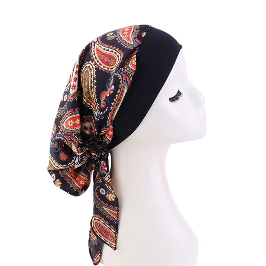 3Pcs Chemo Head Scarf Caps, Muslim Bandana Stretch Turban Hat, Pre Tied Headwear Scarf for Women (Black, Blue, Brown)